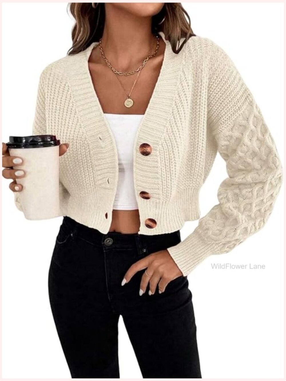Cable Knit Button Down Cardigan V-Neck Long Sleeve Lightweight Sweater Outerwear
